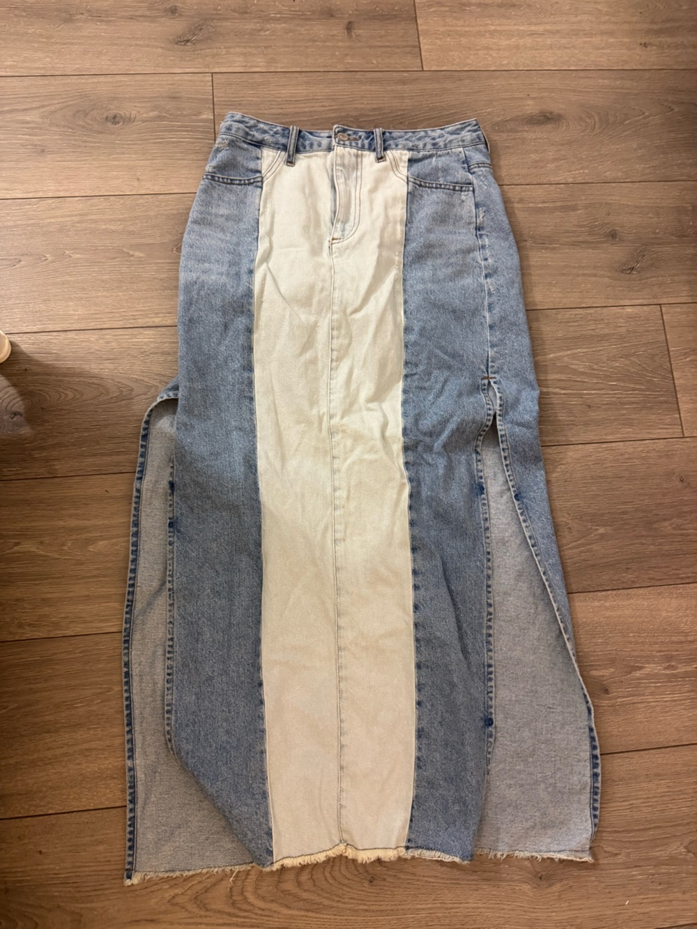 Two-Tone Panel Denim Maxi Skirt - Light Blue & dark blue